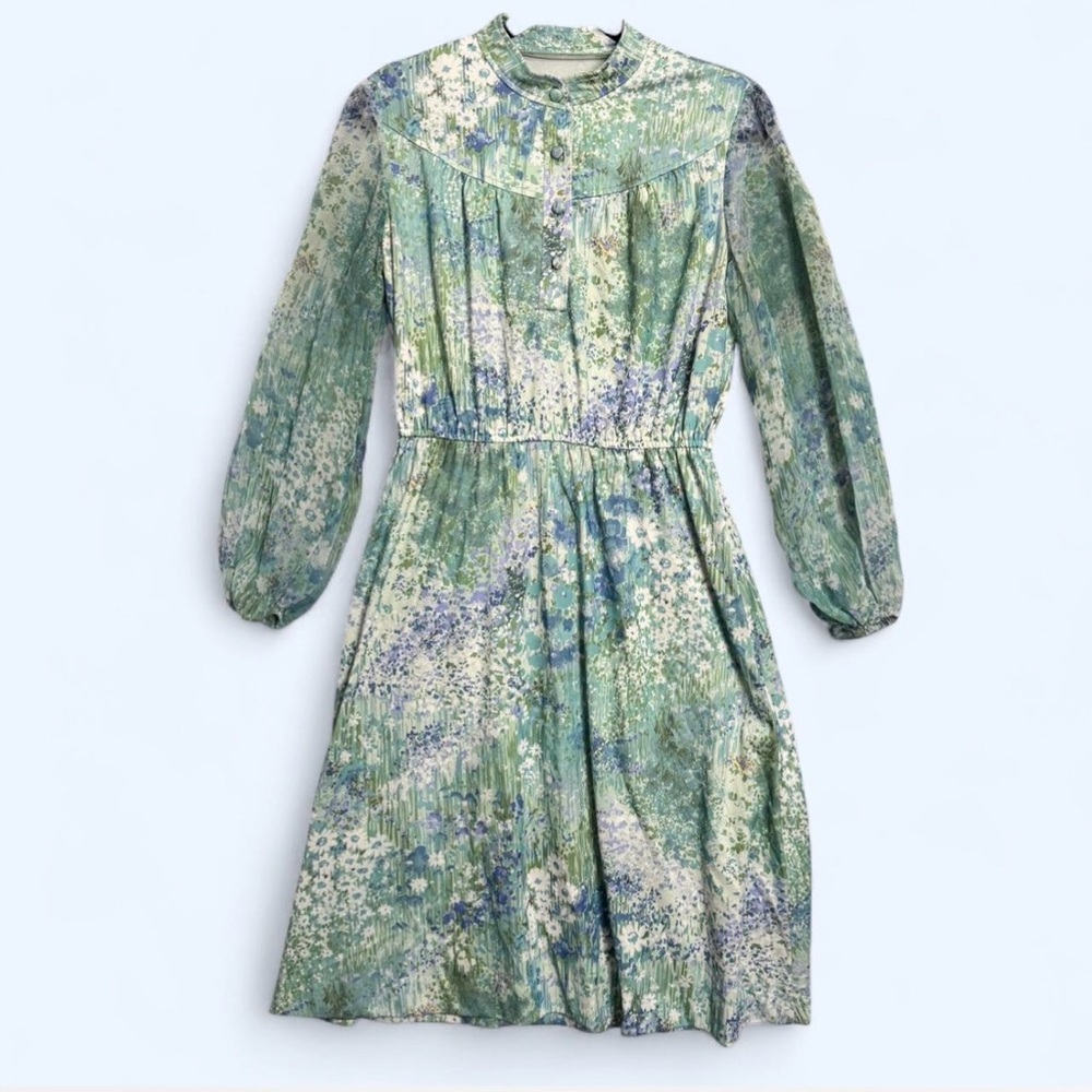 Vintage 70s Watercolor Floral Secretary Dress Cottagecore Fairy Boho Artsy Sz S‎